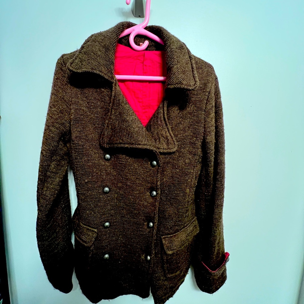 Free People Vintage Embroidered Floral Wool Knit Double Breasted Jacket